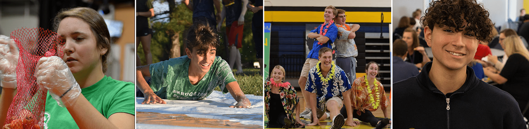 student smiling, group of students posing together in hawaiian clothes, a boy doing a slip and slide, a girl with gloves preparing food